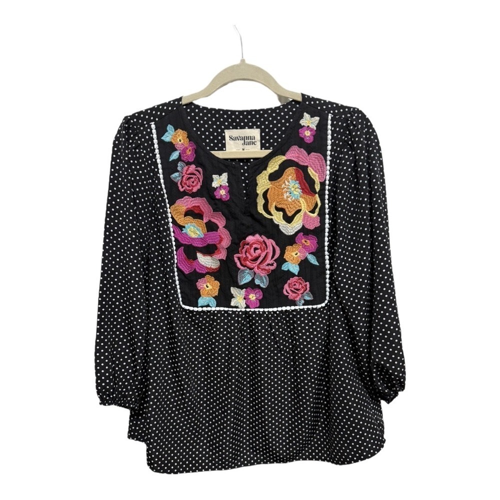 Savanna Jane Polka Dot Embroidered Floral Blouse Long Sleeve Boho Size Medium - Picture 2 of 7